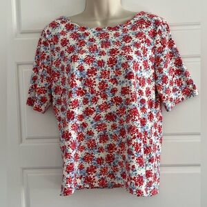 Talbots 100% Pima Cotton Scalloped Neck Short Sleeve Top M Red Blue Floral